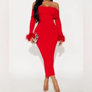 Fashion Nova Red Off-Shoulder Long Sleeve Dress